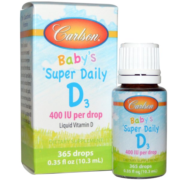 Super Daily Baby D Drops (400 IU, 11 ml) Vitamin D supplementation is highly recommended by Pediatric Associations for infants from birth onwards. Baby D Drops from Carlson Labs meet 100% of the minimum RDA..